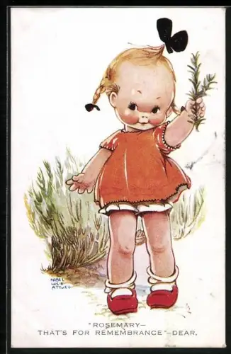 Künstler-AK Mabel Lucie Attwell: Mädchen hält Zweig hoch, Rosemary - that`s for remembrance -dear