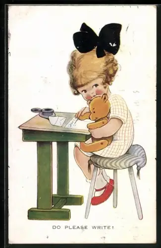 Künstler-AK Mabel Lucie Attwell: Mädchen mit Teddy schreibt einen Brief