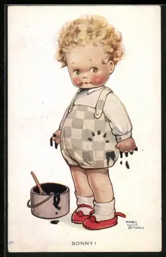 Künstler-AK Mabel Lucie Attwell: Kind mit schwarzer Farbe an den Händen, Sonny