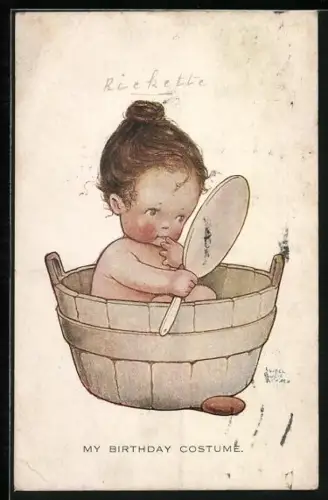 Künstler-AK Mabel Lucie Attwell: Mädchen in einem Badezuber betrachtet sich im Spiegel