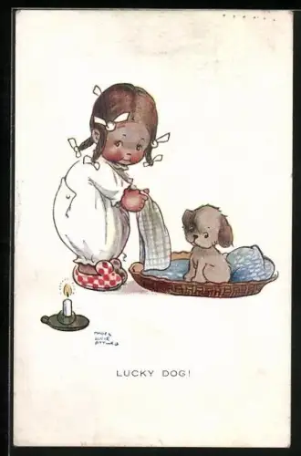 Künstler-AK Mabel Lucie Attwell: Mädchen macht ihrem Hund ein schönes Bett, Lucky Dog