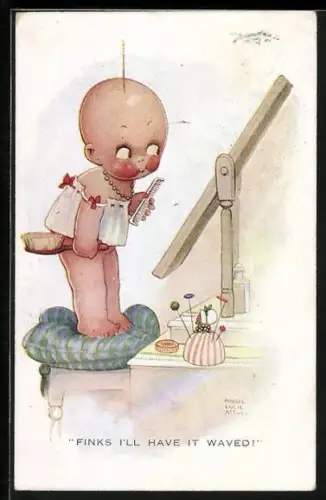 Künstler-AK Mabel Lucie Attwell: Kleinkind mit einem Haar betrachtet sich im Spiegel, Finks I`ll have it waved