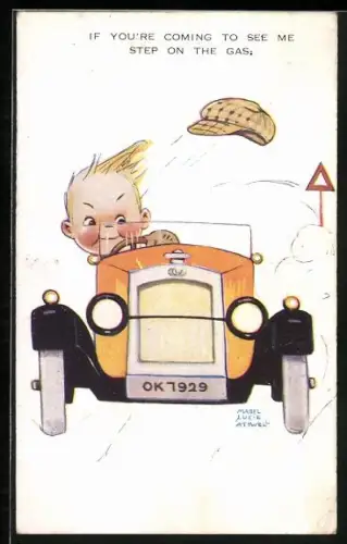 Künstler-AK Mabel Lucie Attwell: Junge rast in einem Auto, If you`re coming to see me step on the gas