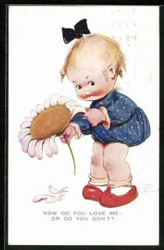 Künstler-AK Mabel Lucie Attwell: Mädchen zupft die Blütenblätter von einer Blume, Now do you love me...