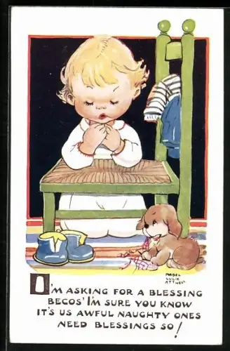 Künstler-AK Mabel Lucie Attwell: Kleines betendes Mädchen mit Hund