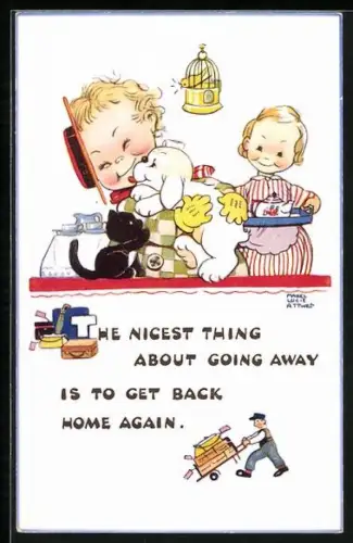 Künstler-AK Mabel Lucie Attwell: Hund und Katze begrüssen ein Kind, The nicest thing about going away is...