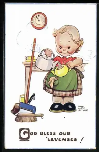Künstler-AK Mabel Lucie Attwell: Mädchen macht Tee, God bless out `levenses