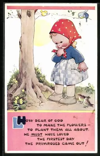 Künstler-AK Mabel Lucie Attwell: Mädchen mit rotem Kopftuch betrachtet die Blumen am Weg