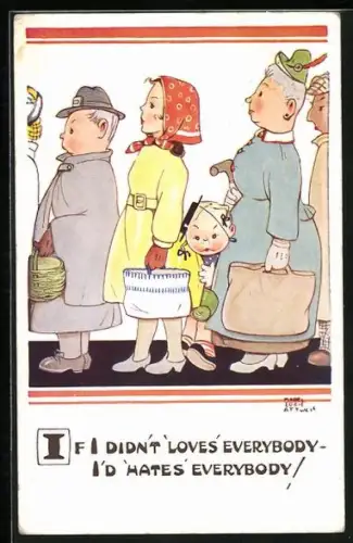 Künstler-AK Mabel Lucie Attwell: Kleines Kind eingequetscht in der Schlange, If I didn`t `loves` everybody