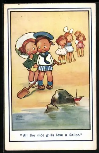 Künstler-AK M.L. Attwell: All the nice girls love a sailor, Matrose mit vielen Mädchen am Strand
