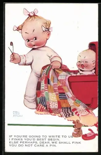 Künstler-AK Mabel Lucie Attwell: Kind nimmt Baby die Decke