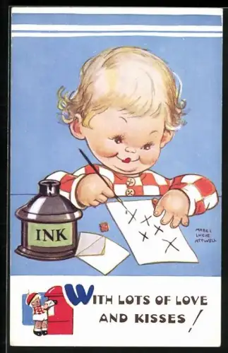 Künstler-AK Mabel Lucie Attwell: Kind schreibt einen Brief, With lots of love and kisses!
