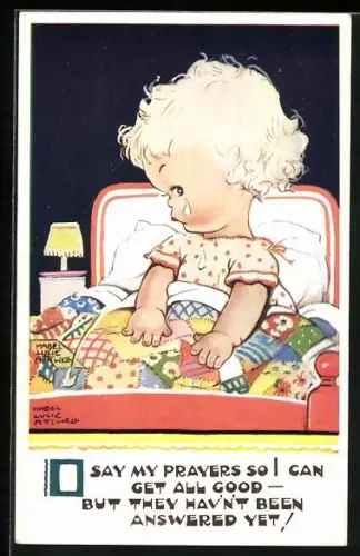 Künstler-AK Mabel Lucie Attwell: Mädchen im Bett tut eingeschnappt, I say my prayers