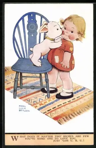 Künstler-AK Mabel Lucie Attwell: Kind wird von kleinem Hund abgeschleckt, What does it matter tho` riches are few