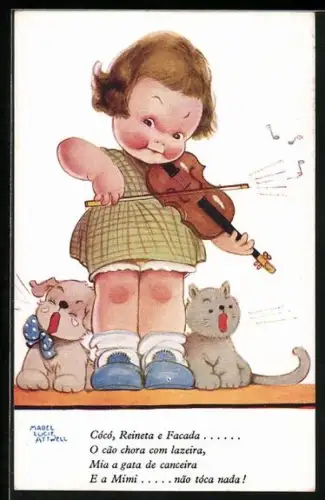 Künstler-AK Mabel Lucie Attwell: Geigendes Mädchen mit Hund und Katze, Cócó, Reineta e Facada...