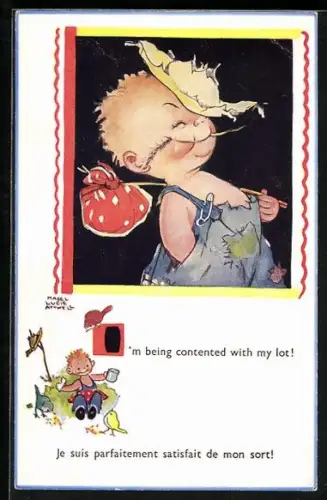 Künstler-AK Mabel Lucie Attwell: I`m being contented with my lot, Junge mit Sackerl in abgerissener Kleidung