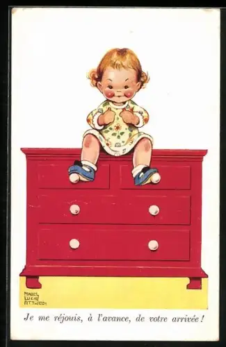 Künstler-AK Mabel Lucie Attwell: Mädchen auf roter Kommode, Je me réjouis, à l`avance, de votre arrivée!