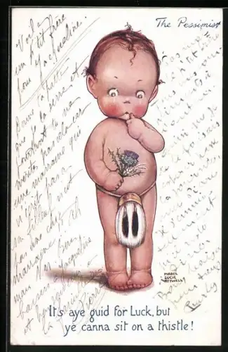 Künstler-AK Mabel Lucie Attwell: Nackiges Kind mit Distel, It`s aye guid for luck, but ye canna sit on a thisle