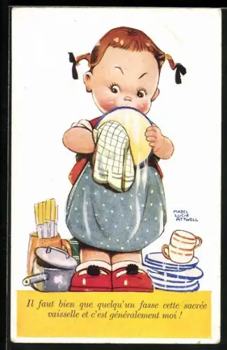 Künstler-AK Mabel Lucie Attwell: Kleines Mädchen beim Abwasch
