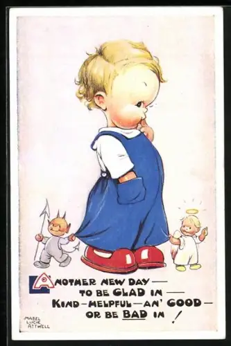 Künstler-AK Mabel Lucie Attwell: Mädchen mit Teufelchen und Engelchen, Another new day - to be glad in