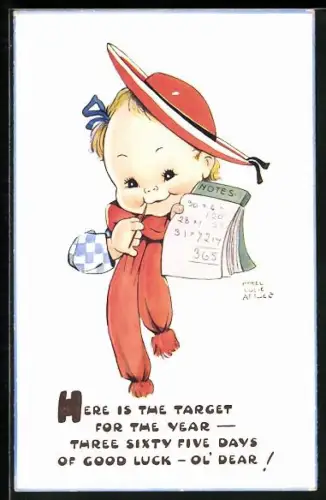 Künstler-AK Mabel Lucie Attwell: Kind mit Schal, Hut und Kalender, Here is the target for the year