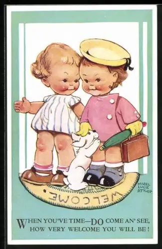 Künstler-AK Mabel Lucie Attwell: Kind bekommt Besuch mit Koffer, Schirm und Hut, When you`ve time