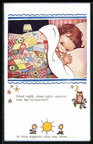 Künstler-AK Mabel Lucie Attwell: Zugedecktes Kind, Good night, sleep tight