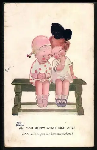 Künstler-AK Mabel Lucie Attwell: Zwei Mädchen tuscheln auf Bank, An` you know what men are!