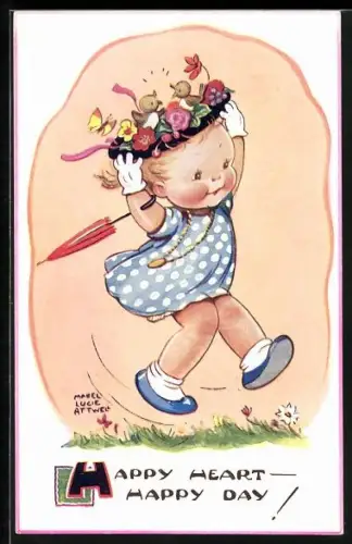 Künstler-AK Mabel Lucie Attwell: Mädchen mit Vögeln im Hut, Happy heart, happy day!