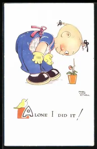 Künstler-AK Mabel Lucie Attwell: Mädchen betrachtet ihr Tomeatenpflänzchen, Alone I did it!