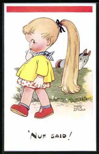 Künstler-AK Mabel Lucie Attwell: Mädchen mit Pferdeschwanz erregt Aufmerksamkeit eines Pferdes, `Nuf said!