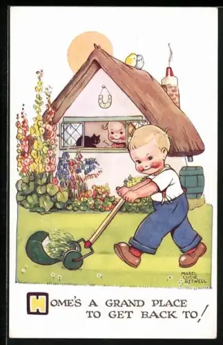 Künstler-AK Mabel Lucie Attwell: Junge und Mädchen pflegen ihr Zuhause, Home`s a grand place to get back to