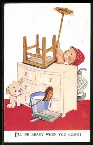 Künstler-AK Mabel Lucie Attwell: Mädchen beim Hausputz, I`ll be ready when you come