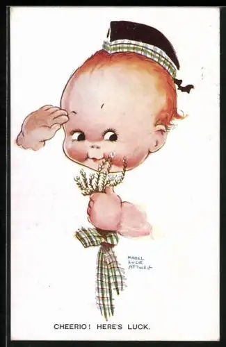 Künstler-AK Mabel Lucie Attwell: Kind mit kariertem Hut und Krawatte, Cheerio! Here`s luck!