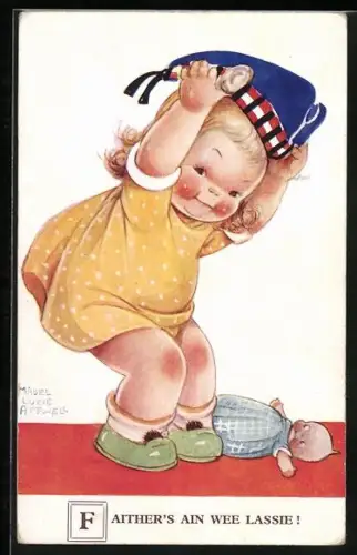 Künstler-AK M.L. Attwell: Faither`s ein wee Lassie! Mädchen in gelbem Kleid spielt mit Puppe und Matrosenhut