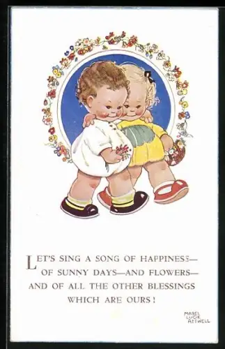 Künstler-AK Mabel Lucie Attwell: Zwei Kinder im Blumenrahmen, Let`s sing a song of happiness