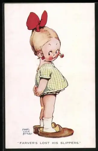 Künstler-AK Mabel Lucie Attwell: Mädchen mit roter Schleife im Haar in zu grossen Hausschuhen, Farver`s lost his Slippers