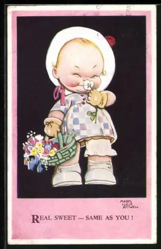 Künstler-AK Mabel Lucie Attwell: Kleines Mädchen mit Blumenkorb