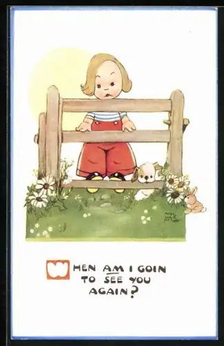 Künstler-AK Mabel Lucie Attwell: Mädchen und Hund gucken erwartungsvoll über den Gartenzaun