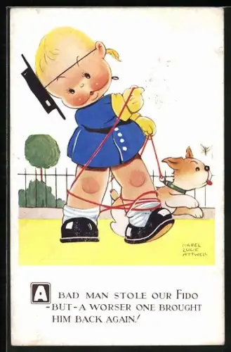 Künstler-AK Mabel Lucie Attwell: Kind mit Hund und verhedderter Leine