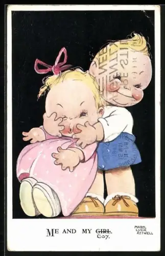 Künstler-AK Mabel Lucie Attwell: Junge quetscht ein Mädchen