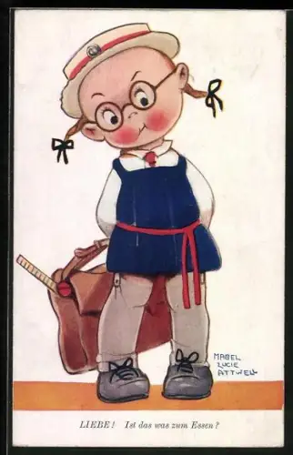 Künstler-AK Mabel Lucie Attwell: Mädchen mit Brille und Schulranzen guckt fragend in die Ferne