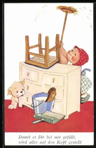 Künstler-AK Mabel Lucie Attwell: Mädchen beim Hausputz, I`ll be ready when you come
