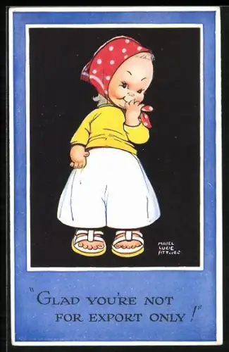 Künstler-AK Mabel Lucie Attwell: Mädchen mit gepunktetem Kopftuch