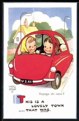 Künstler-AK Mabel Lucie Attwell: This is a lovely town...that was, Pärchen mit Hund fährt Auto