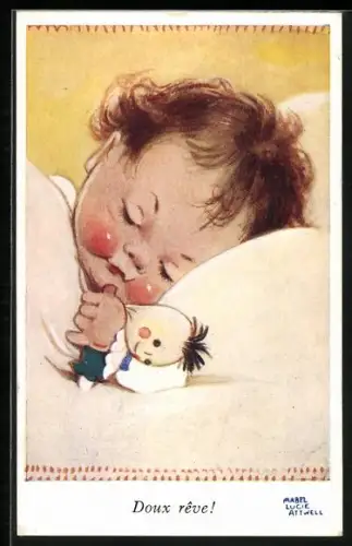 Künstler-AK Mabel Lucie Attwell: Sleepy Head, Kind liegt mit seiner Puppe im Bettchen