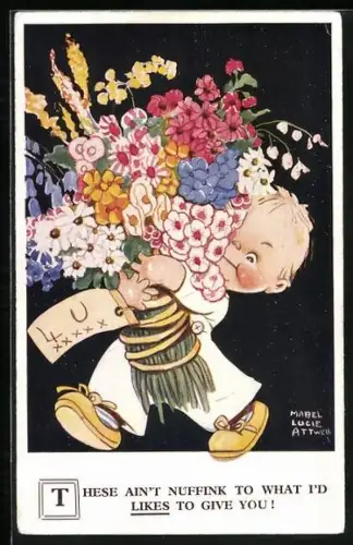 Künstler-AK Mabel Lucie Attwell: Kleinkind mit einem Riesenblumenstrauss