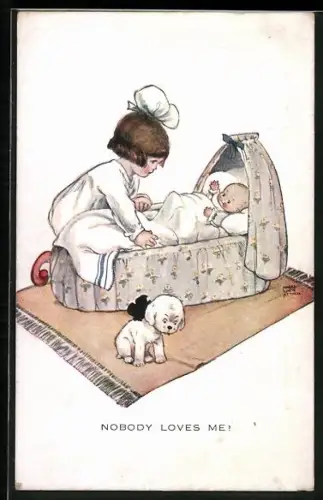 Künstler-AK Mabel Lucie Attwell: Mädchen bei Baby am Bett