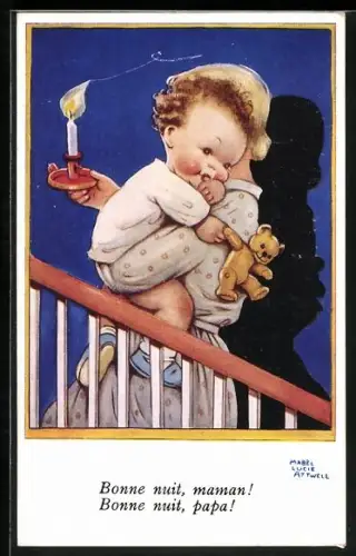 Künstler-AK Mabel Lucie Attwell: Mutter trägt Baby mit Kerze Treppe rauf, Bonne nuit maman, Bonne nuit papa