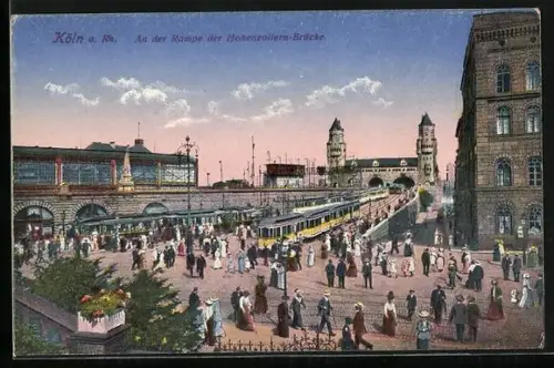 AK Köln, An der Rampe der Hohenzollern-Brücke, Strassenbahn